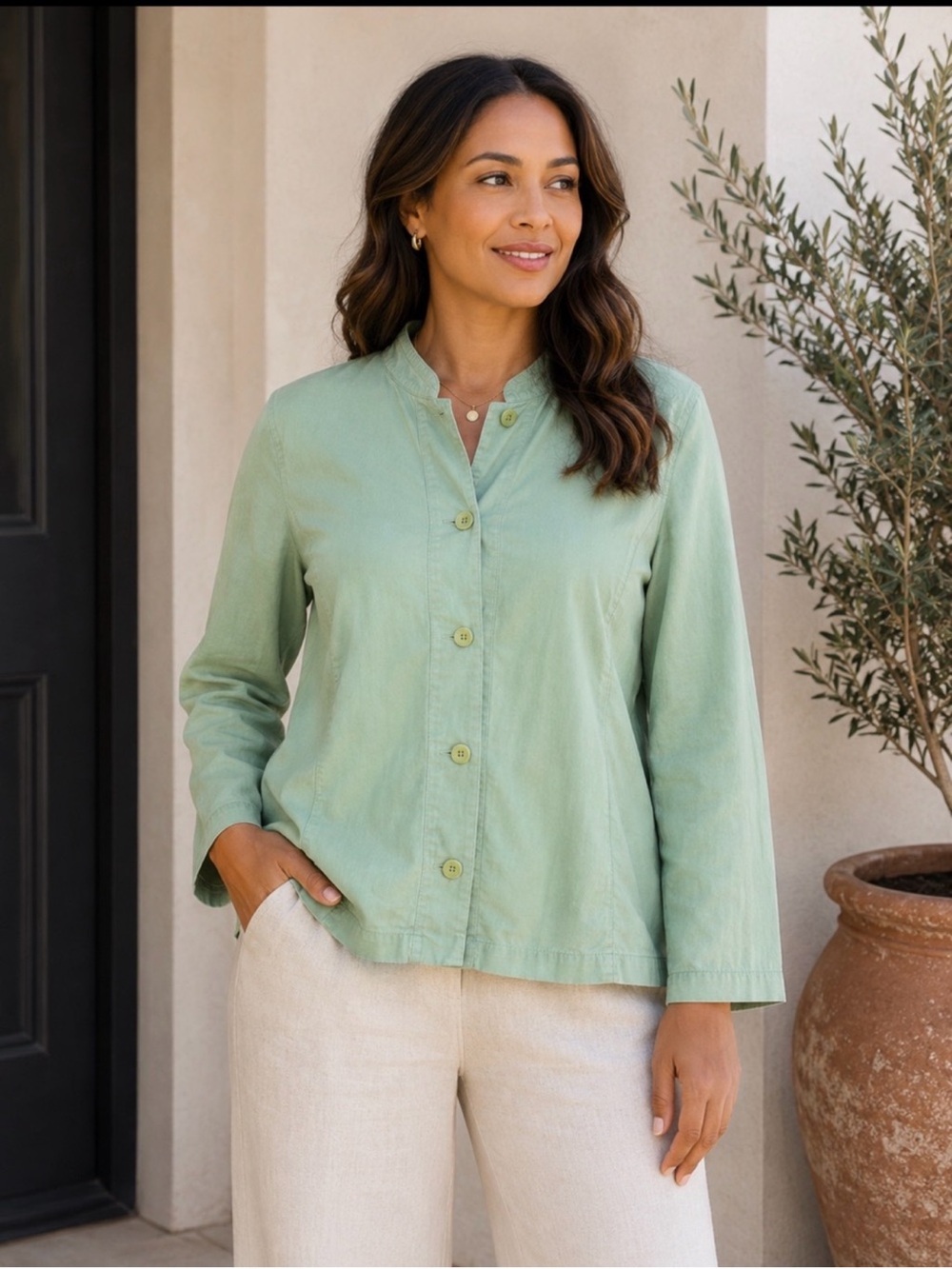 Eileen Fisher Organic Cotton Canvas Mandarin Collar Jacket Green M